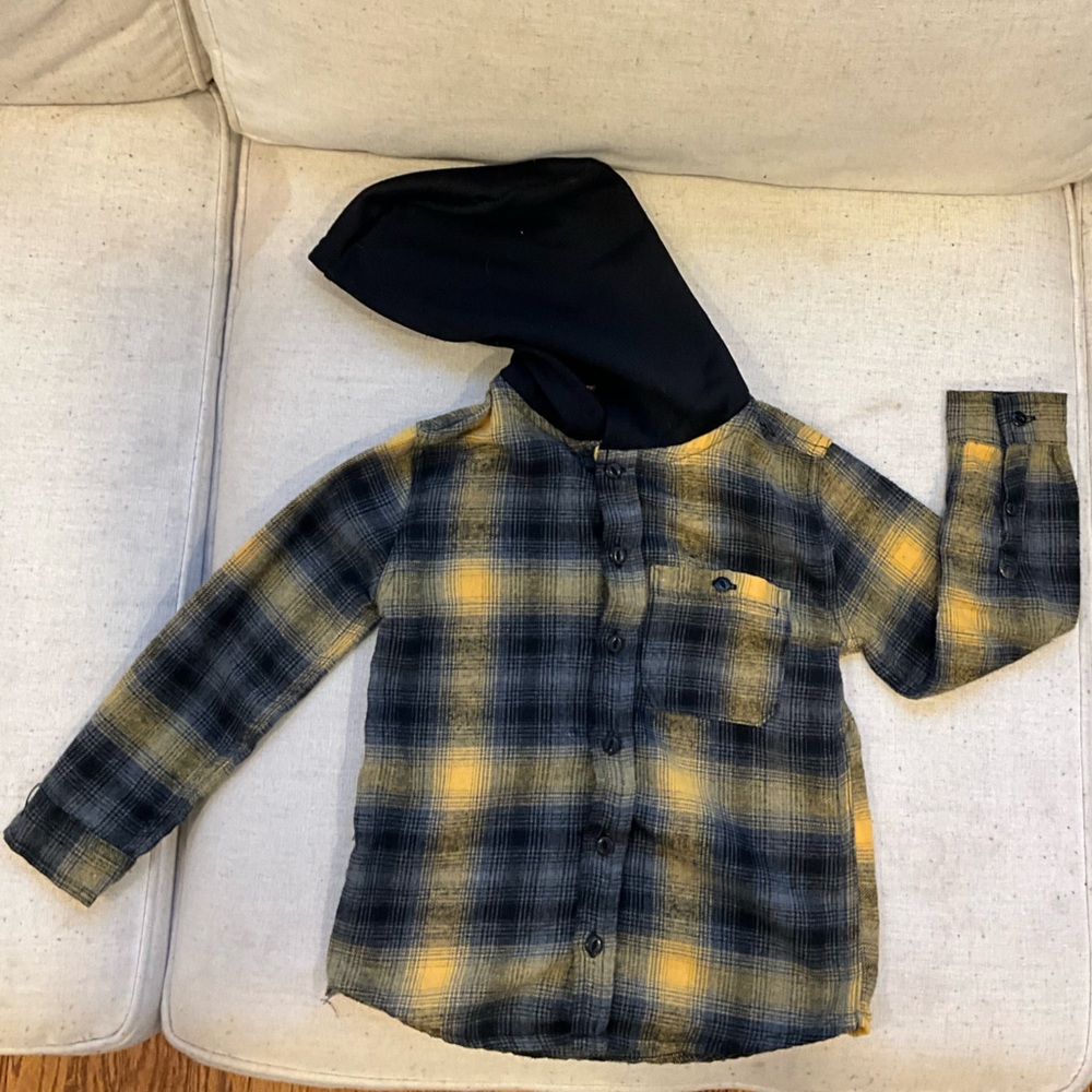 Boys Tony Hawk Button Down Hooded Plaid Shirt Size M 5/6